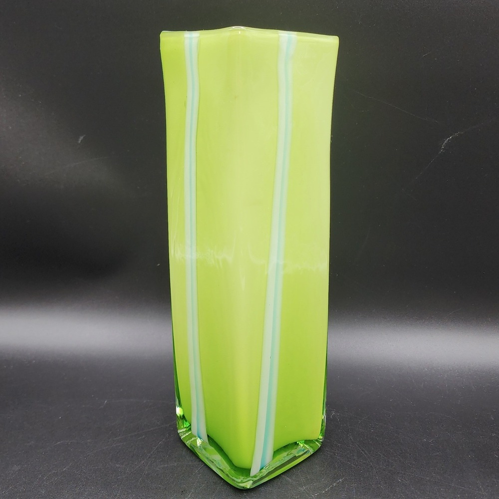 Pier 1 Green White Striped Art Glass Vase Square Cased Glass MCM Retro Decor